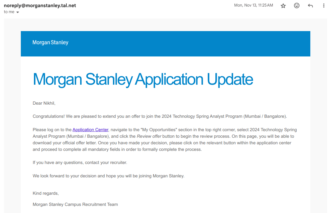 Screenshot of the mail containing the offer letter received on november 13, 2023